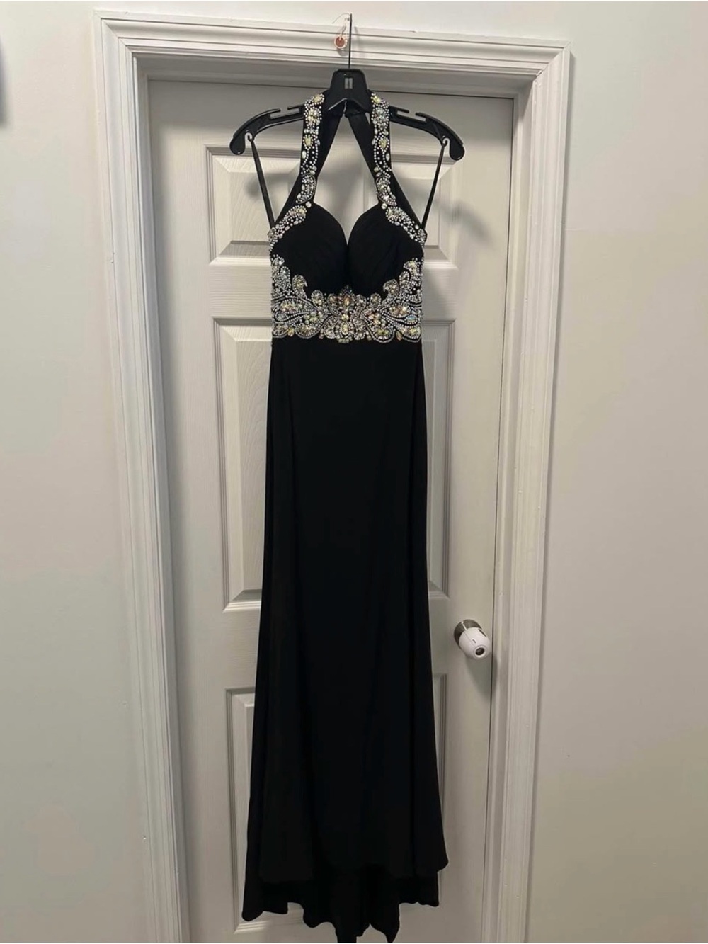 Tony Bowls Black Halter Gown with Crystal Embellishment